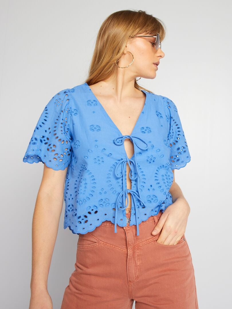 Blusa Bordada Con Lazos Por Delante Azul Kiabi