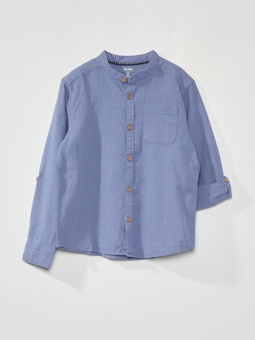 Camisa De Lino Con Cuello Mao Azul Gris Kiabi