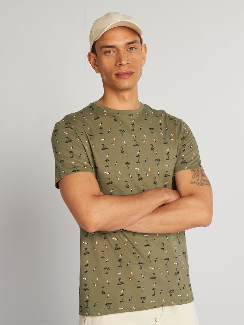 Camiseta De Algod N Estampada Con Cuello Redondo Verde Kiabi