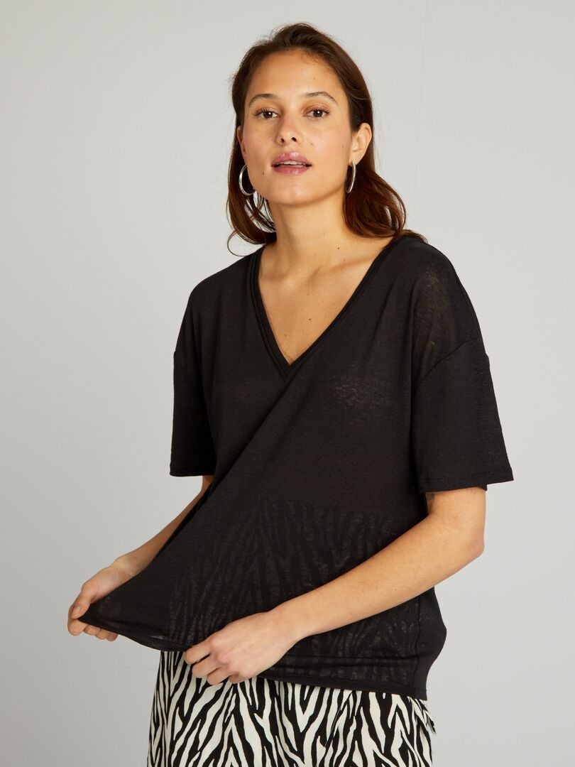 Camiseta De Lino Con Cuello De Pico Negro Kiabi 12 00