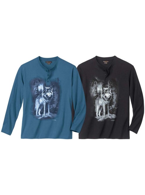 2x camisetas de algodón de manga larga con cuello tunecino y estampado de lobos - Kiabi 2x camisetas de algodón de manga larga con cuello tunecino y estampado de lobos - Kiabi