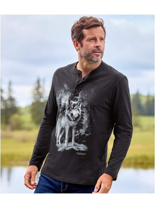 2x camisetas de algodón de manga larga con cuello tunecino y estampado de lobos - Kiabi 2x camisetas de algodón de manga larga con cuello tunecino y estampado de lobos - Kiabi