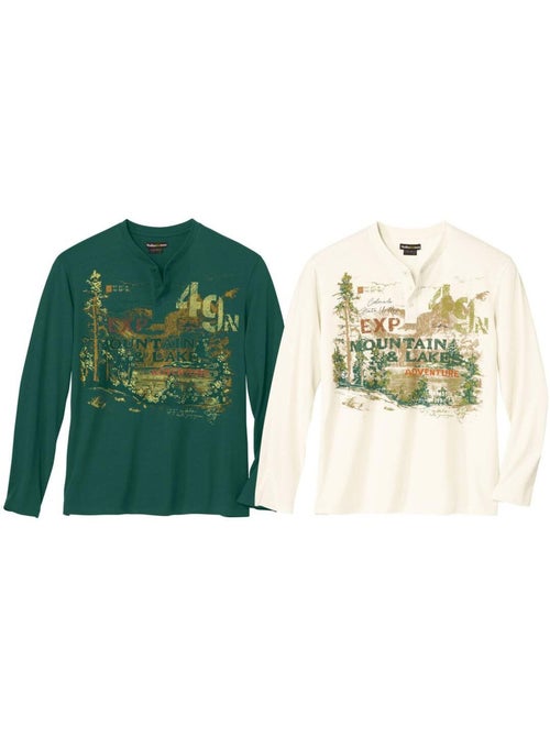 2x camisetas de manga larga de algodón con cuello tunecino aventura - Kiabi 2x camisetas de manga larga de algodón con cuello tunecino aventura - Kiabi