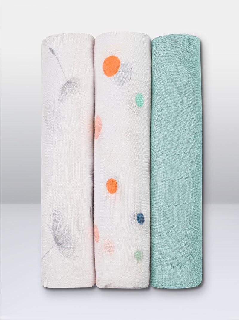 3 mantas para bebé LIONELO de algodón y bambú natural - 70 x 70 cm - Antibacterianas Blanco Azul Blanco - Kiabi