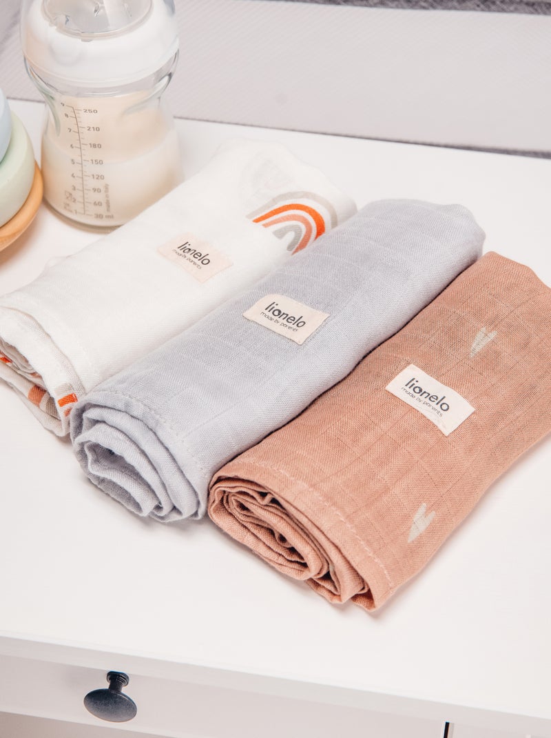 3 mantas para bebé LIONELO de algodón y bambú natural - 70 x 70 cm - Antibacterianas Gris rosa blanco - Kiabi