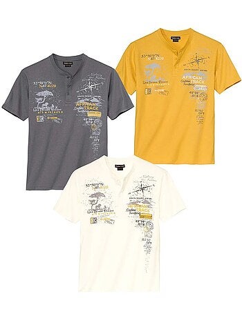 3x camisetas de algodón con cuello tunecino y botones capri