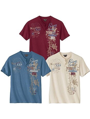 3x camisetas de algodón con cuello tunecino y botones capri