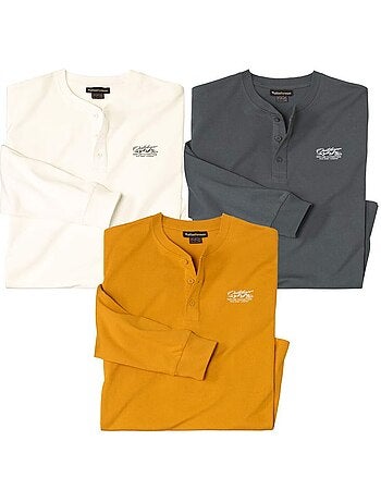 3x camisetas de manga larga de algodón con cuello tunecino outdoor