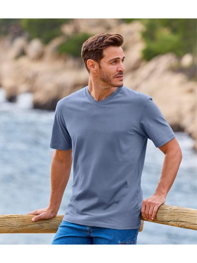 4x camisetas de algodón de manga corta con cuello de pico lisas Blanco Azul marino Gris - Kiabi