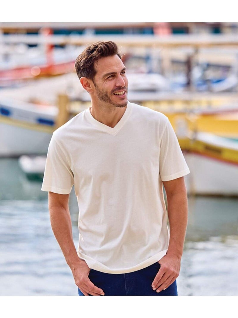 4x camisetas de algodón de manga corta con cuello de pico lisas Blanco Azul marino Gris - Kiabi