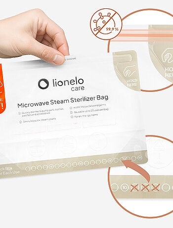 8 bolsas esterilizadoras reutilizables LIONELO - Aptas para microondas - Para biberones y accesorios
