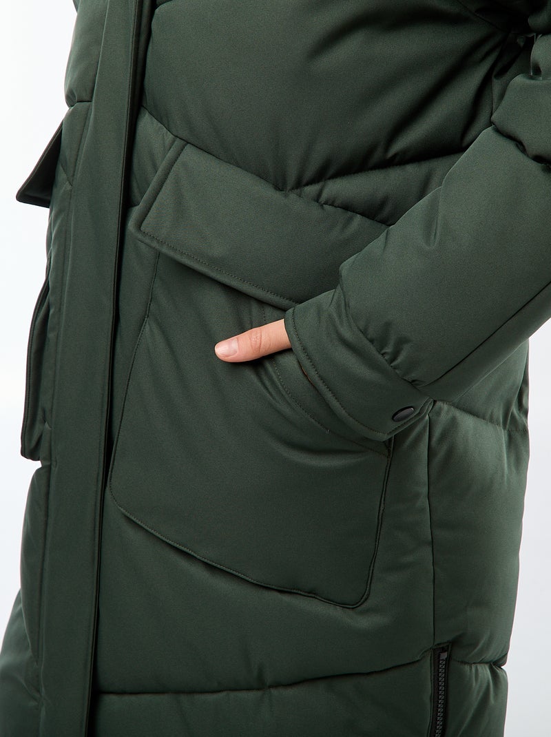 Abrigo acolchado largo cálido e impermeable con capucha Kaki - Kiabi