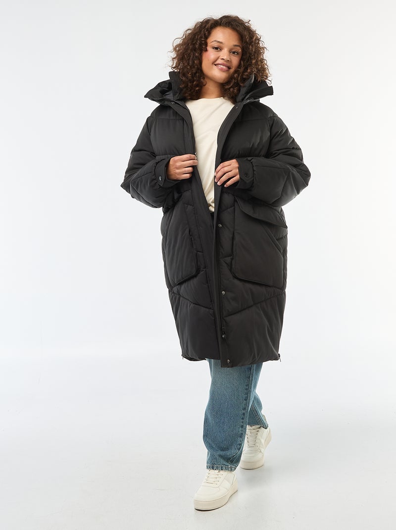 Abrigo acolchado largo con capucha y bolsillos con forro polar Negro - Kiabi