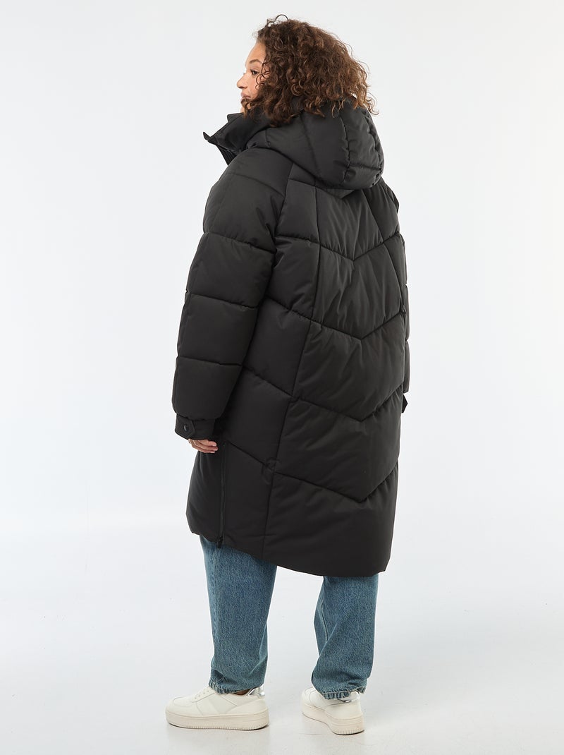 Abrigo acolchado largo con capucha y bolsillos con forro polar Negro - Kiabi