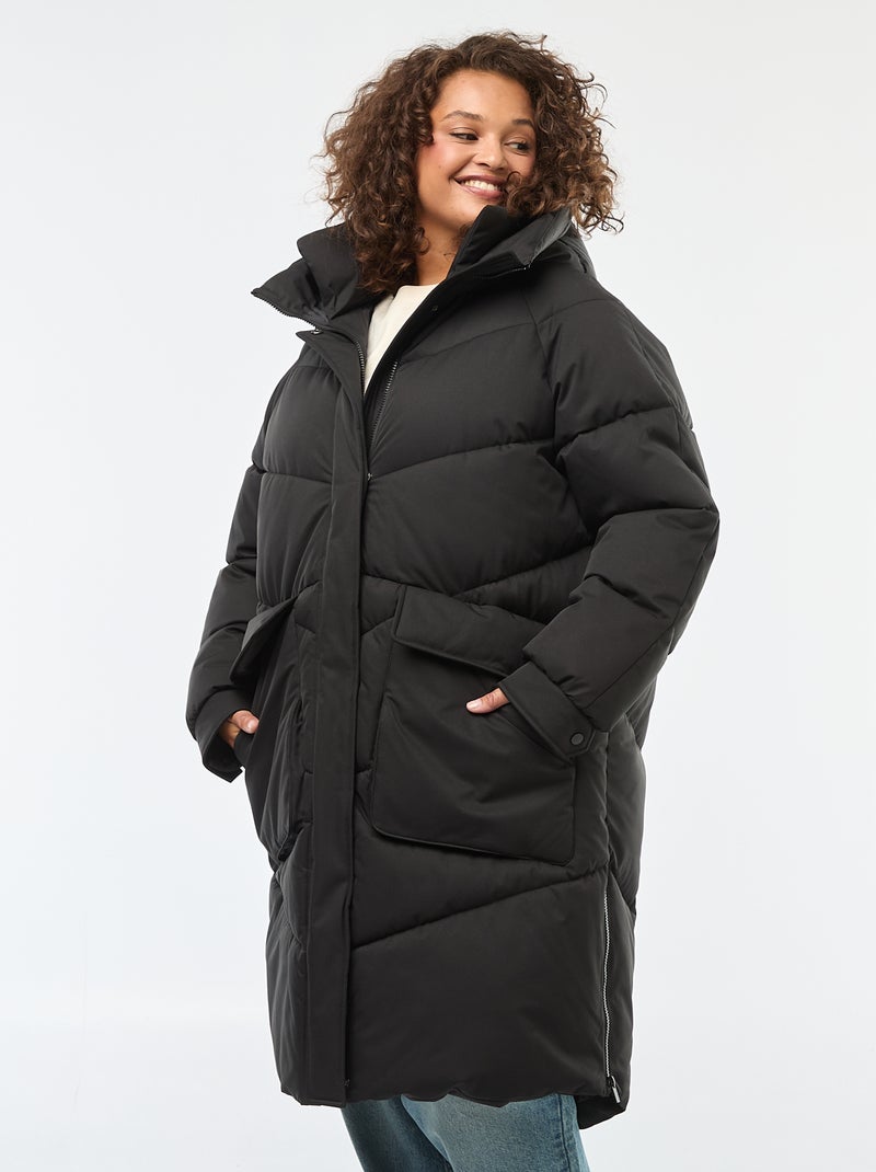 Abrigo acolchado largo con capucha y bolsillos con forro polar Negro - Kiabi