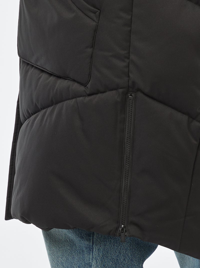 Abrigo acolchado largo con capucha y bolsillos con forro polar Negro - Kiabi