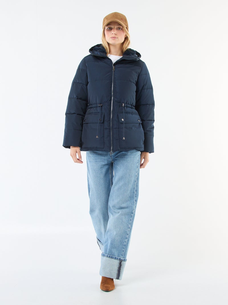 Abrigo acolchado midi con capucha Azul - Kiabi