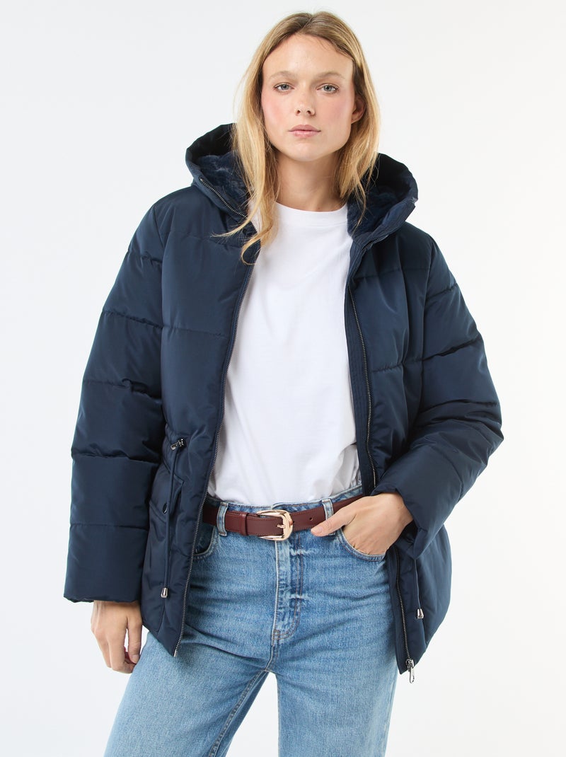 Abrigo acolchado midi con capucha Azul - Kiabi