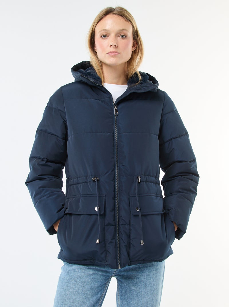 Abrigo acolchado midi con capucha Azul - Kiabi
