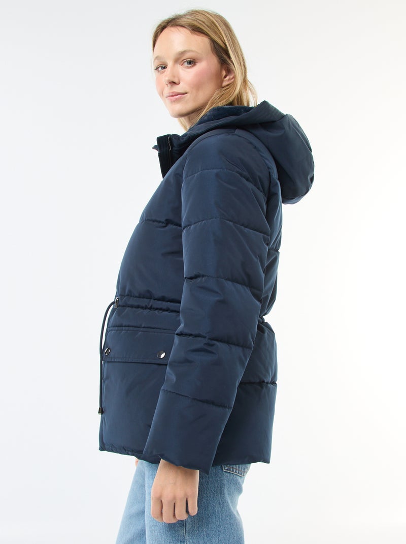 Abrigo acolchado midi con capucha Azul - Kiabi