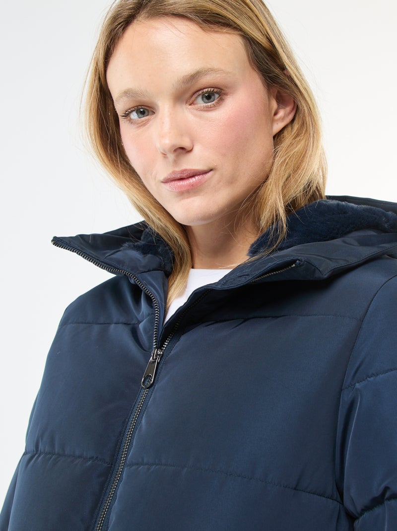 Abrigo acolchado midi con capucha Azul - Kiabi