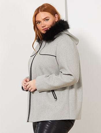 Tallas grandes mujer - Abrigo cruzado capucha de pelo - Kiabi