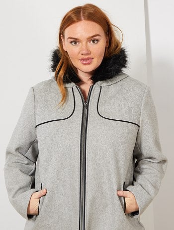 Tallas grandes mujer - Abrigo cruzado capucha de pelo - Kiabi