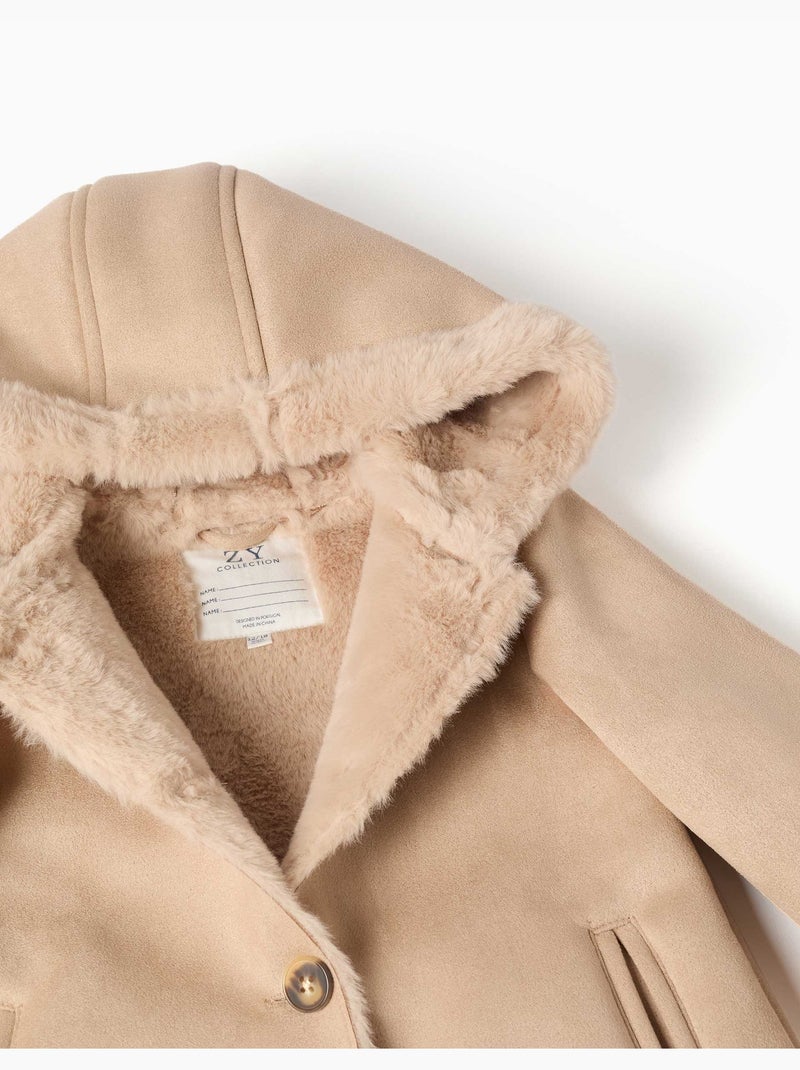 Abrigo de antelina con capucha y forro de pelo sintético Beige claro - Kiabi