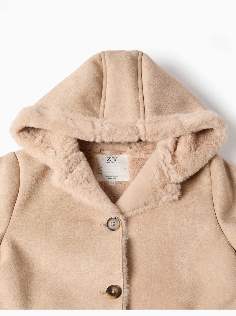 Abrigo de antelina con capucha y forro de peluche Beige claro - Kiabi
