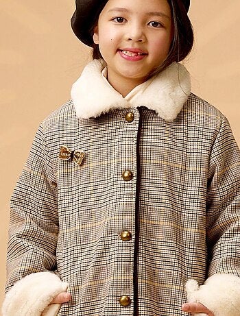 Abrigo de Cuadros Tartan Marrón para Niña | Pelo Sintético | AMANDINE