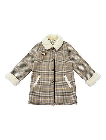 Abrigo de Cuadros Tartan Marrón para Niña | Pelo Sintético | AMANDINE