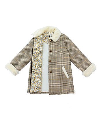 Abrigo de Cuadros Tartan Marrón para Niña | Pelo Sintético | AMANDINE