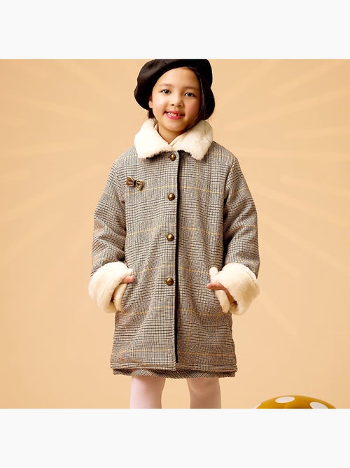 Abrigo de Cuadros Tartan Marrón para Niña | Pelo Sintético | AMANDINE - Kiabi