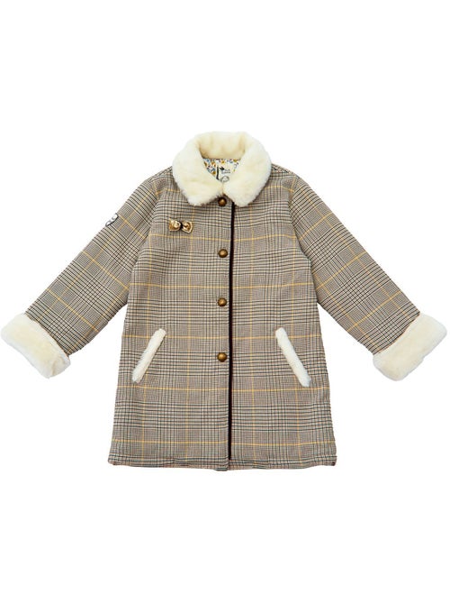 Abrigo de Cuadros Tartan Marrón para Niña | Pelo Sintético | AMANDINE - Kiabi