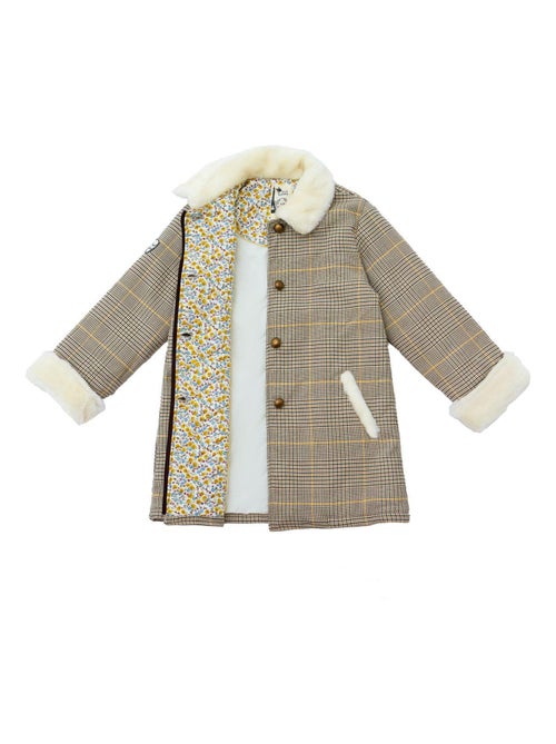 Abrigo de Cuadros Tartan Marrón para Niña | Pelo Sintético | AMANDINE - Kiabi