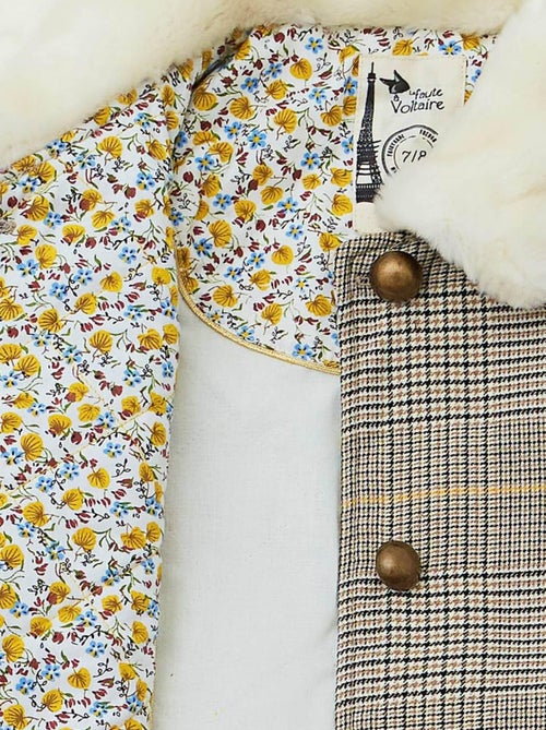 Abrigo de Cuadros Tartan Marrón para Niña | Pelo Sintético | AMANDINE - Kiabi