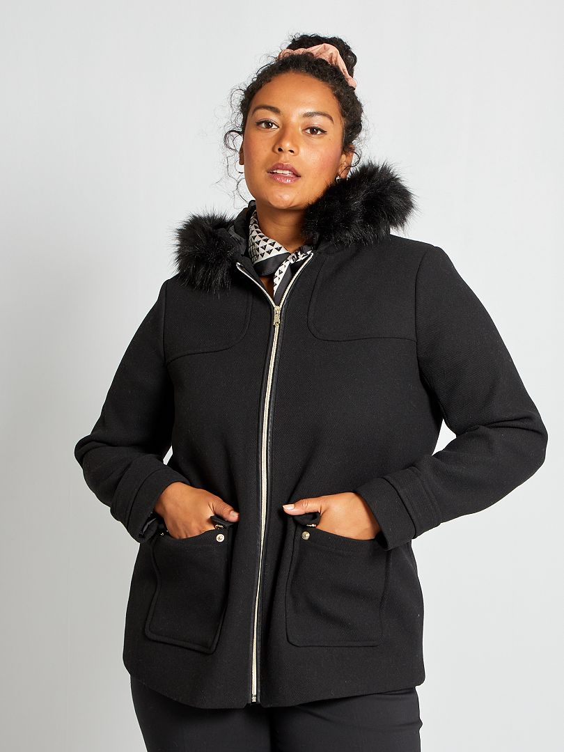 Abrigo de lana capucha Negro - Kiabi