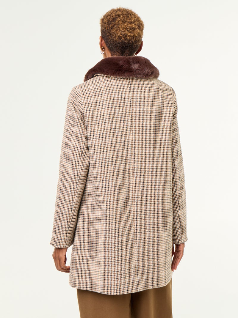 Abrigo de pata de gallo con cuello de pelo sintético Marron - Kiabi