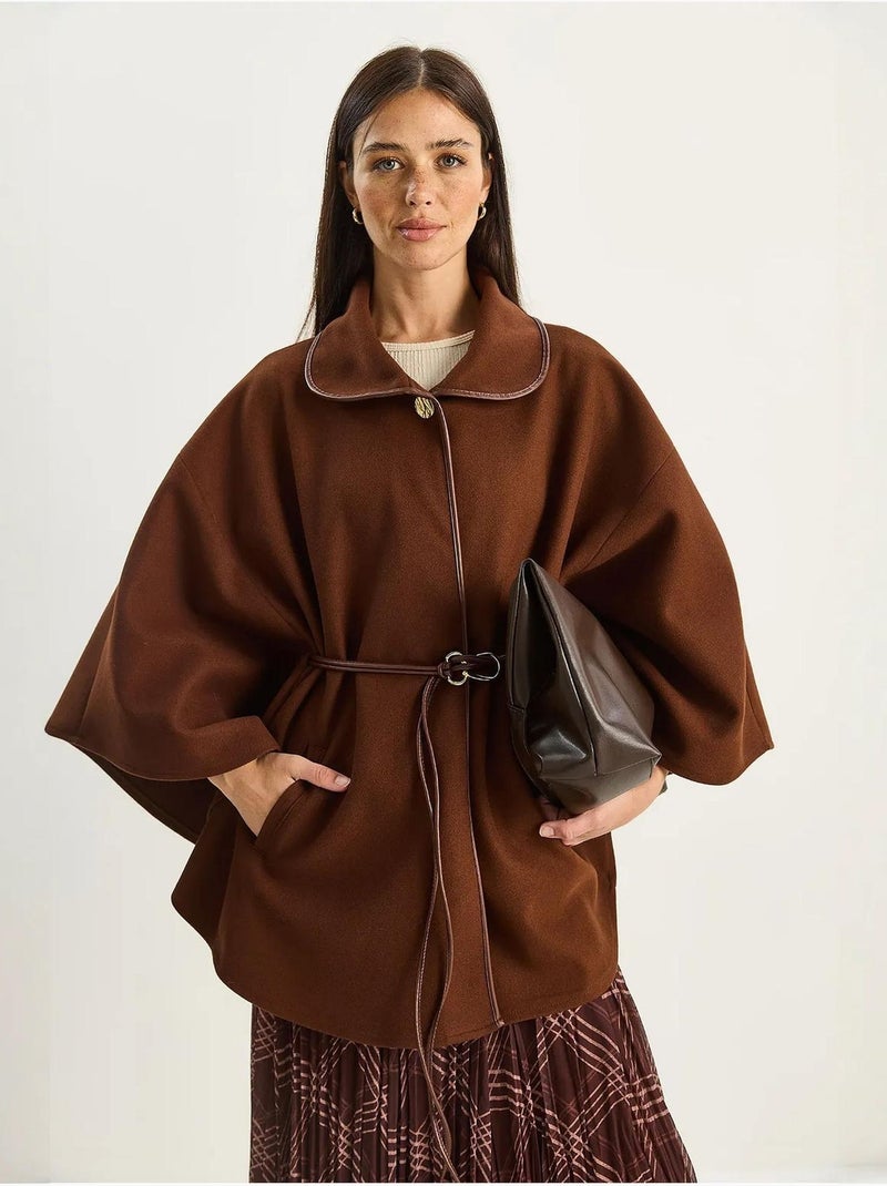 Abrigo extragrande de mezcla de lana texturizada con cuello de chaqueta lucci Marrón chocolate - Kiabi