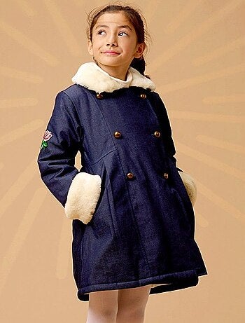 Abrigo Largo Azul Marino de Denim para Niña | Cuello de Pelo Sintético | ANOUSHKA