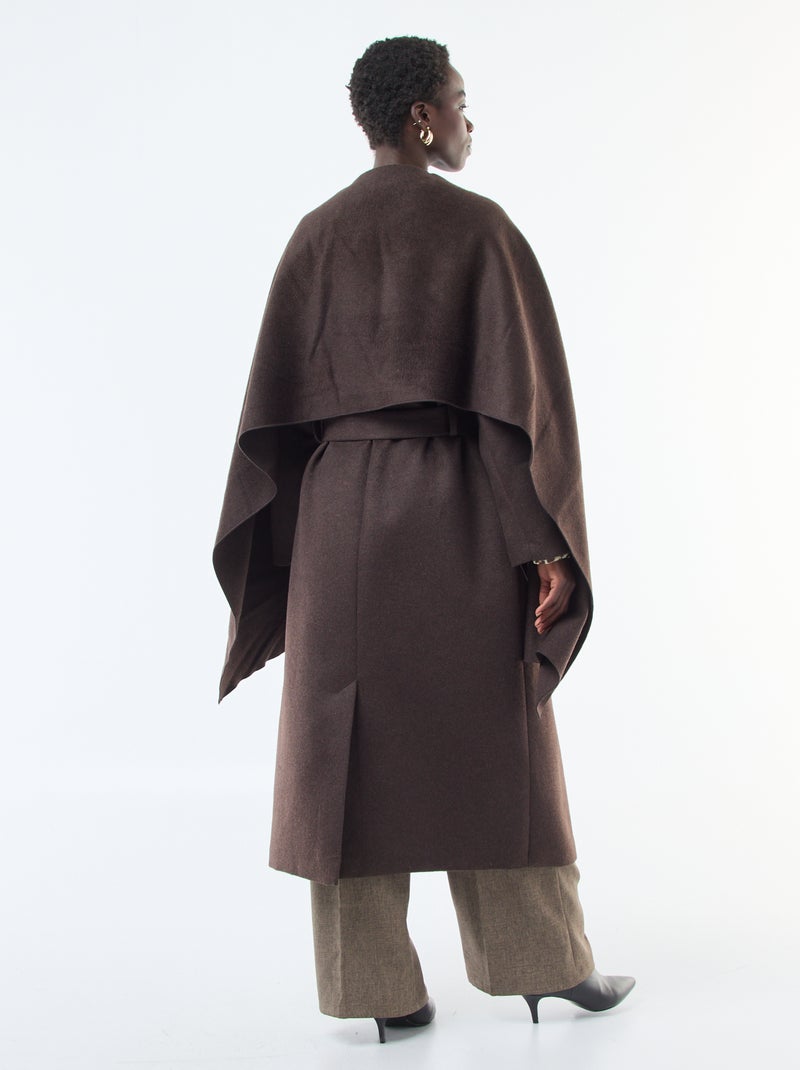 Abrigo largo estilo lanoso con cuello redondo y bufanda cosida Marron - Kiabi