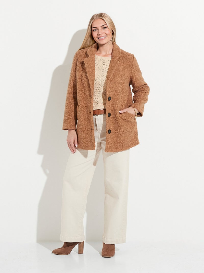 Abrigo midi de felpa francesa con botones - Afibel Camel - Kiabi