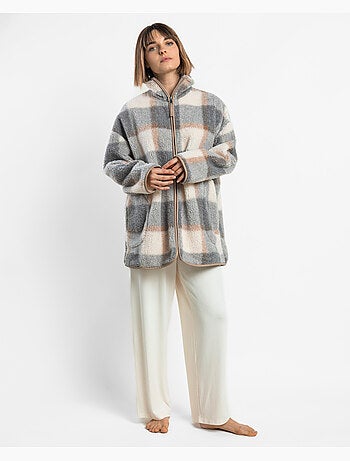 ADMAS Bata Manga Larga Calentita Sherpa Cuadros Dolce Home para Mujer