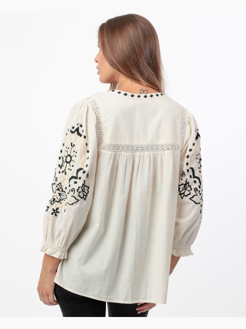ADMAS Camisa Manga Larga Mexican para Mujer Blanco - Kiabi