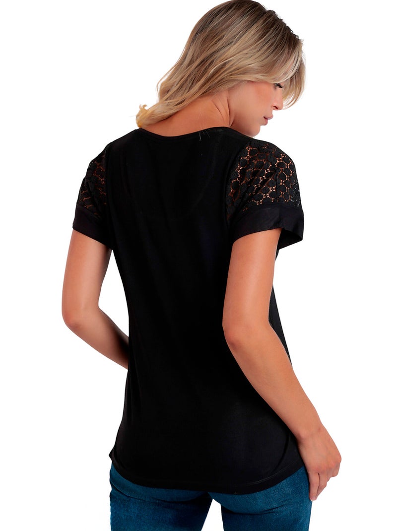 ADMAS Camiseta de Manga Corta Lace para Mujer Negro - Kiabi