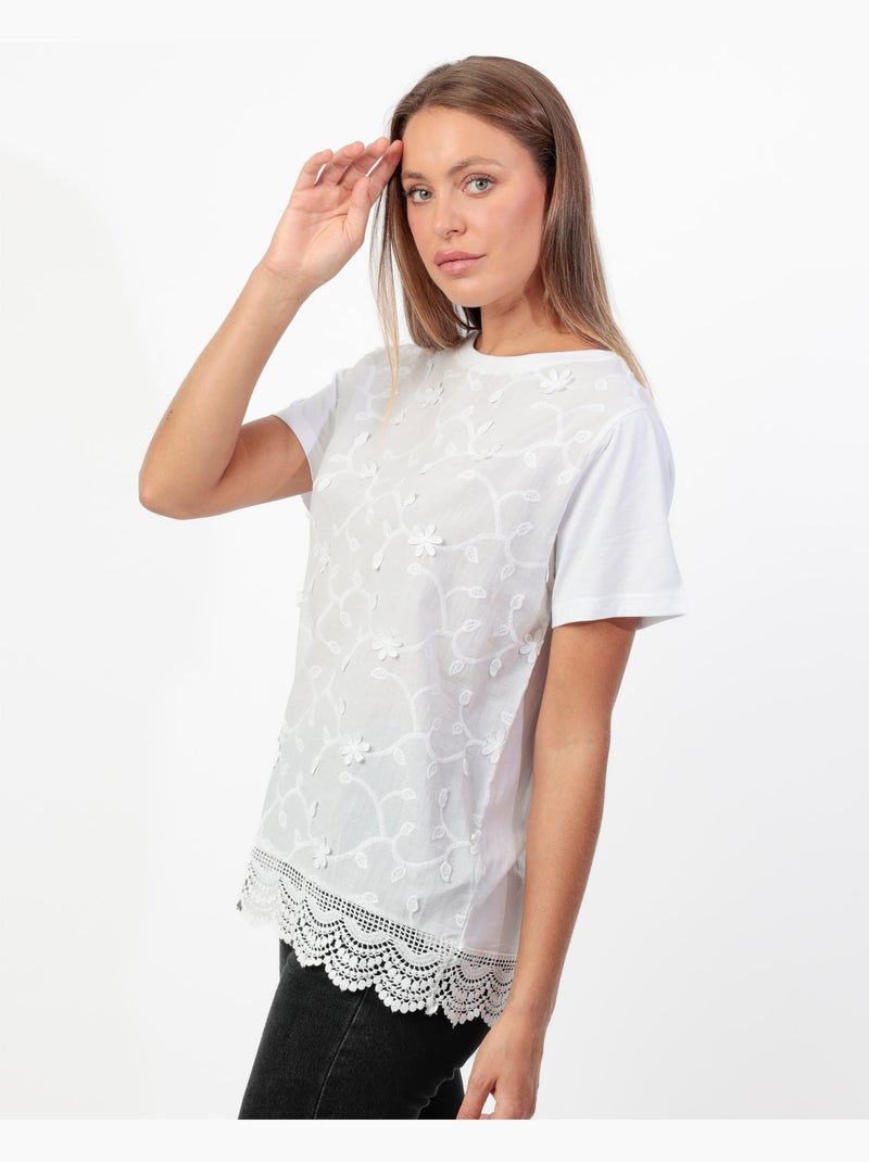 ADMAS Camiseta Manga Corta Guipur & Embroidery para Mujer Blanco - Kiabi