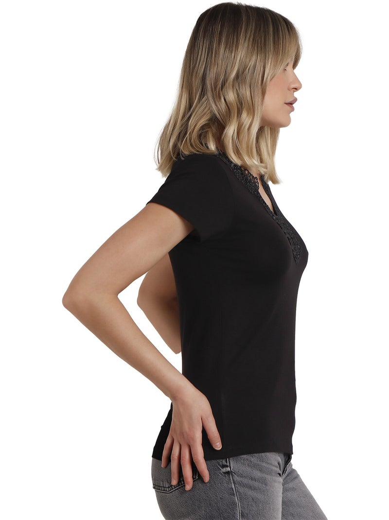 ADMAS Camiseta Manga Corta Guipur para Mujer Negro - Kiabi