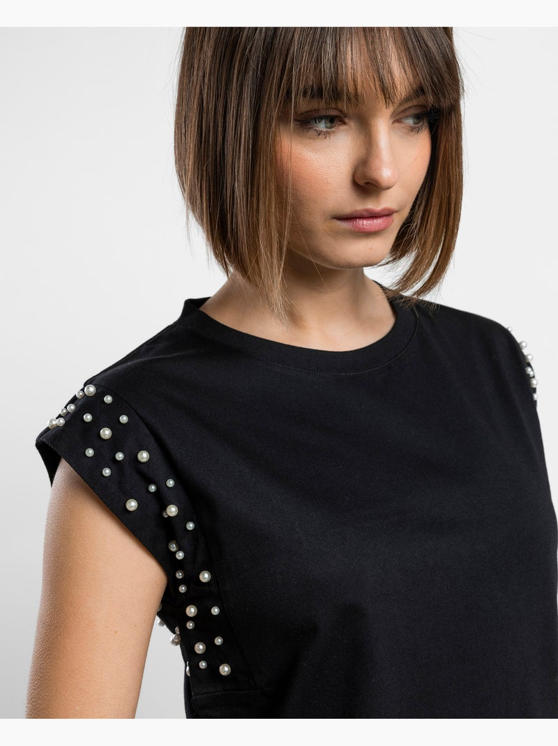 ADMAS Camiseta Manga Corta Pearls para Mujer Negro - Kiabi