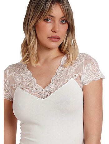 ADMAS Camiseta Manga Corta Puntilla Mangas para Mujer