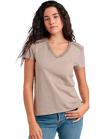 ADMAS Camiseta Manga Corta Slub Entredos para Mujer
